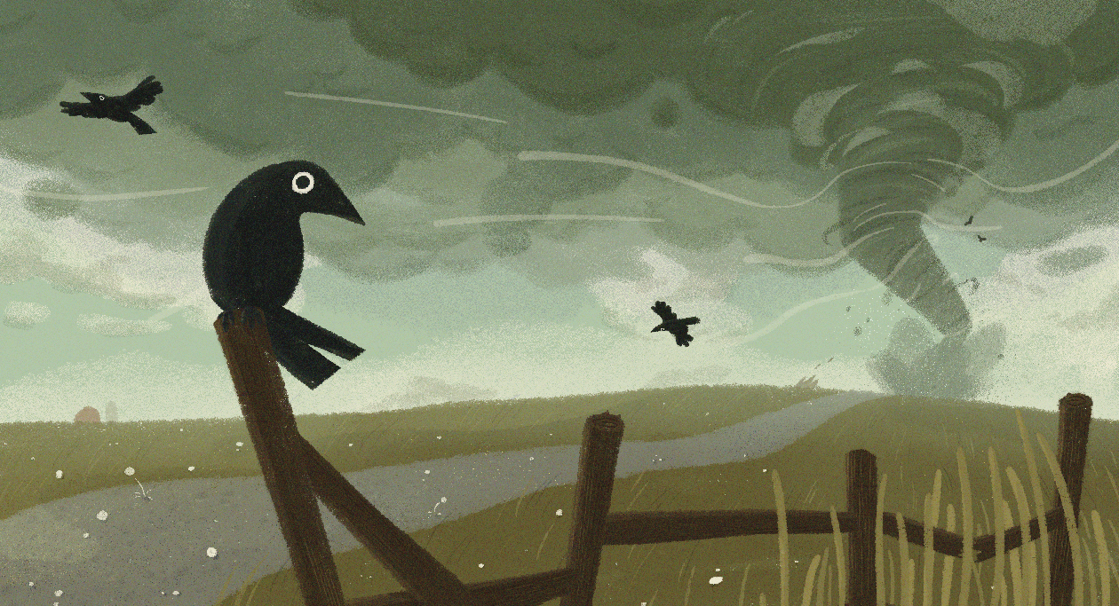 An illustration of a crow sitting on a fence with a tornado in the background